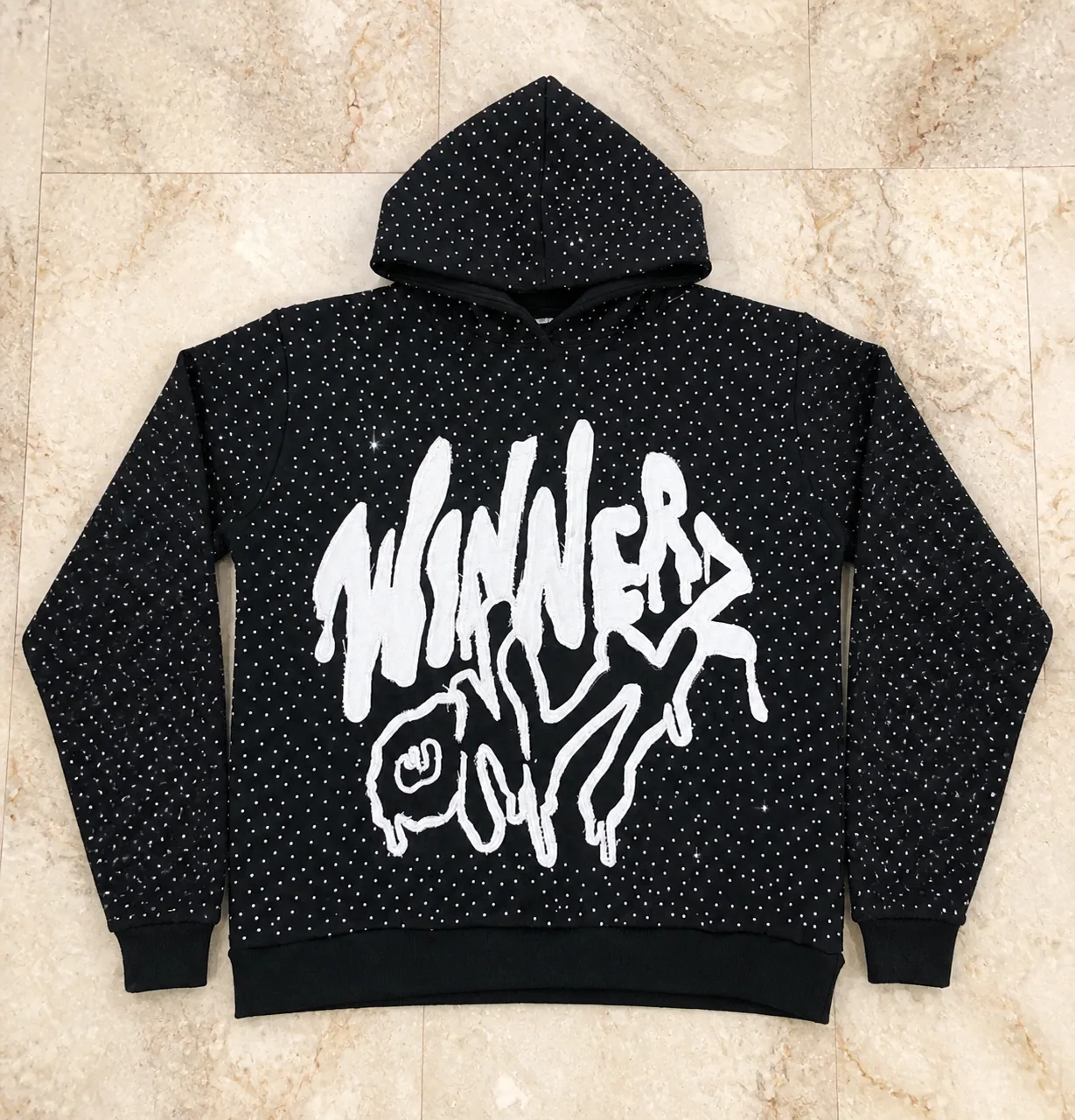 Finished black rhinestone hoodie physical sample